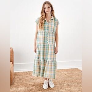American Eagle Blue Green Yellow Plaid Midi Dress